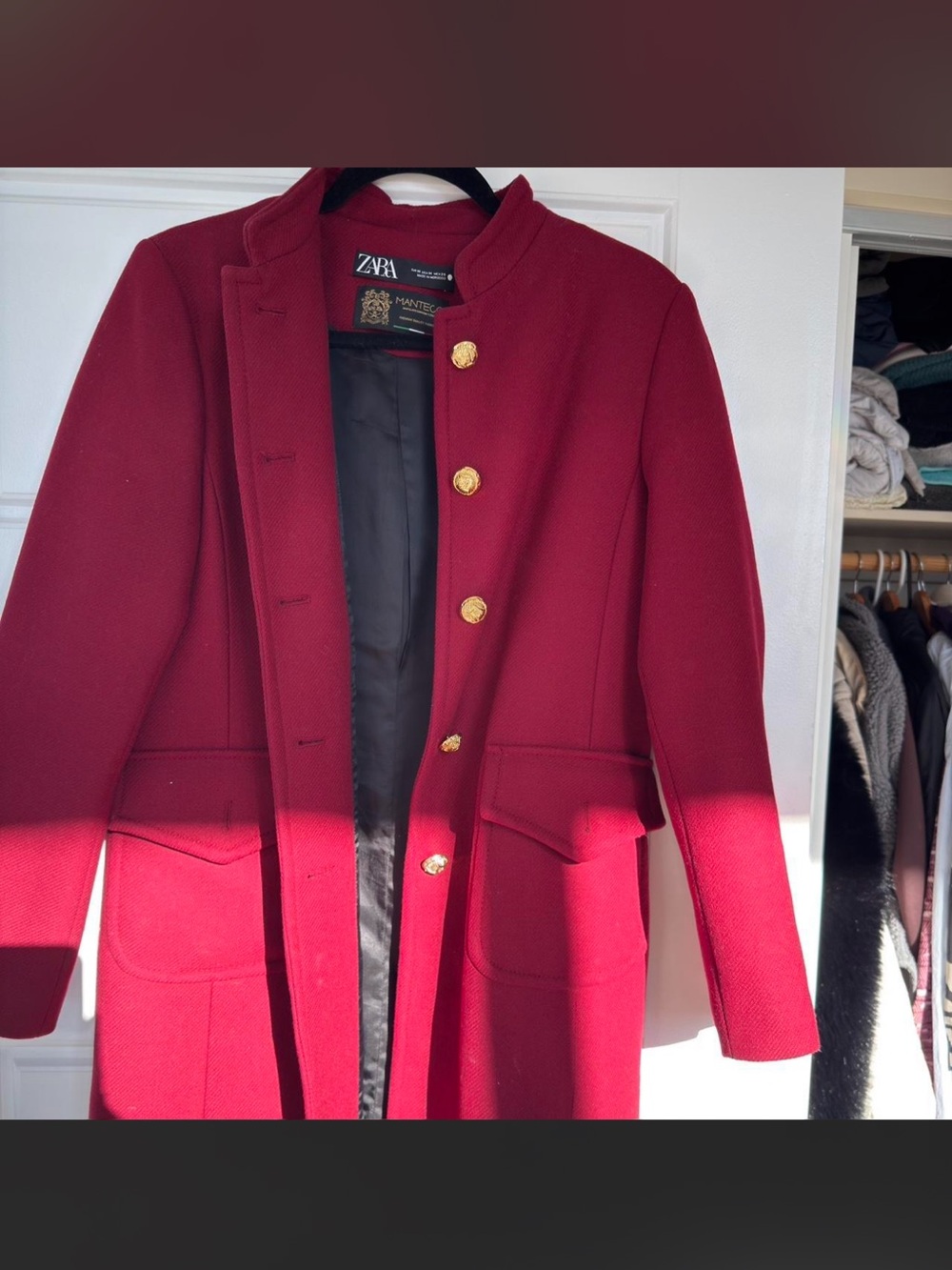 Zara Burgundy Military-Style Pea Coat with Gold Buttons